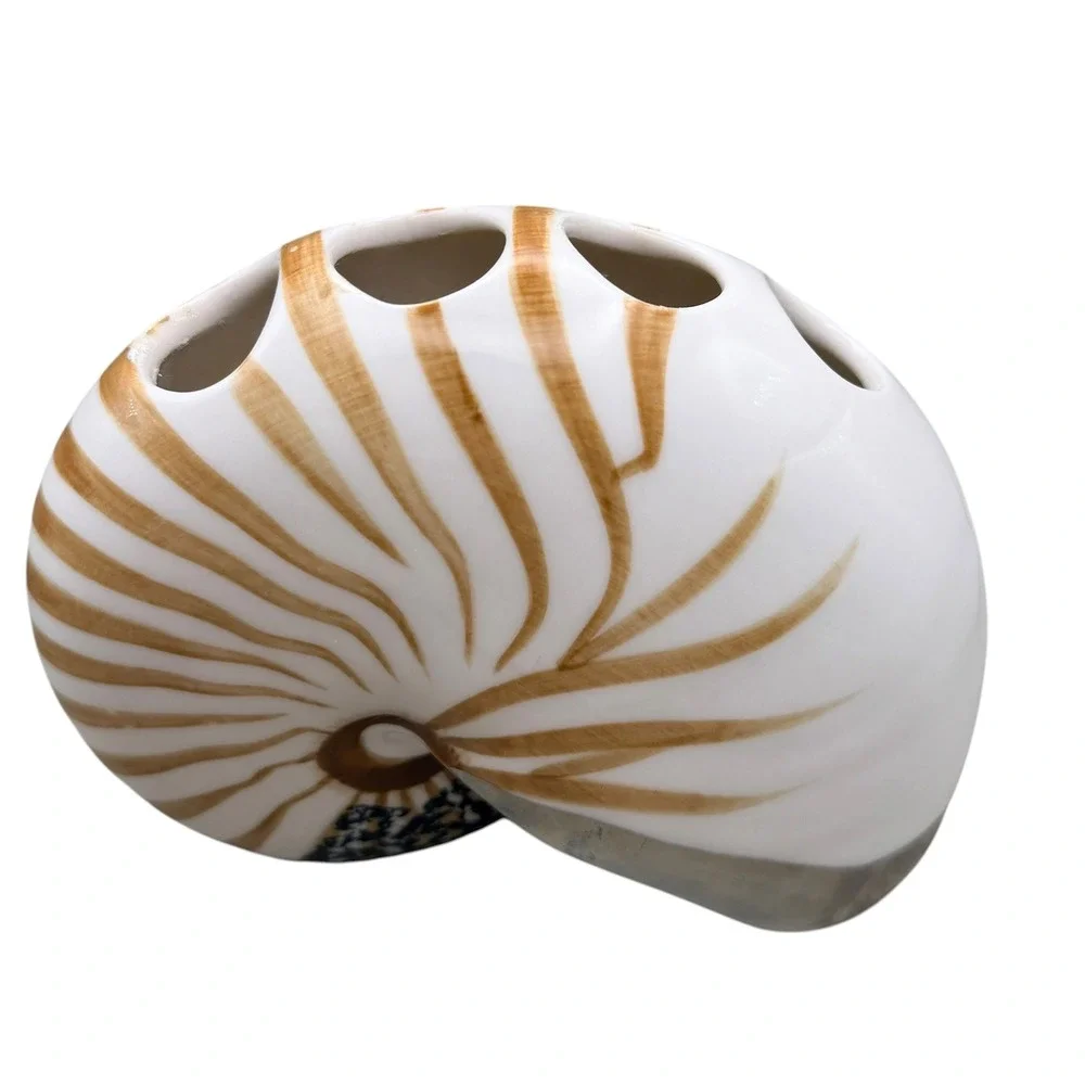 Springmaid Ceramic Nautilus Shell Vase Multi Opening Coastal Decor White Brown